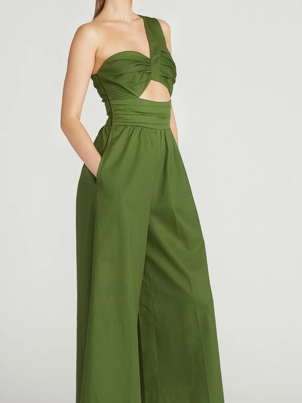 AMUR Olive Green One-Shoulder Cutout Jumpsuit
